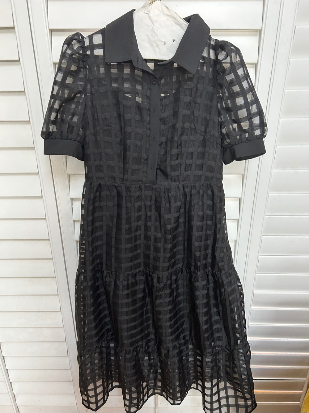 Sheer Grid Black Collared Midi Dress